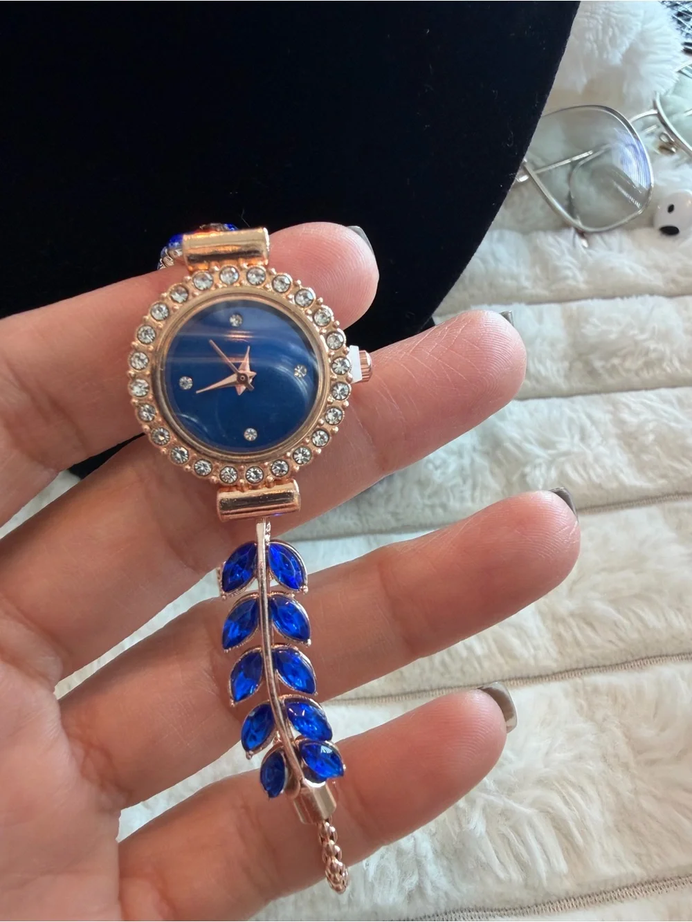 Rose Gold Bracelet Watch with Blue Dial and Blue Leaf Accents